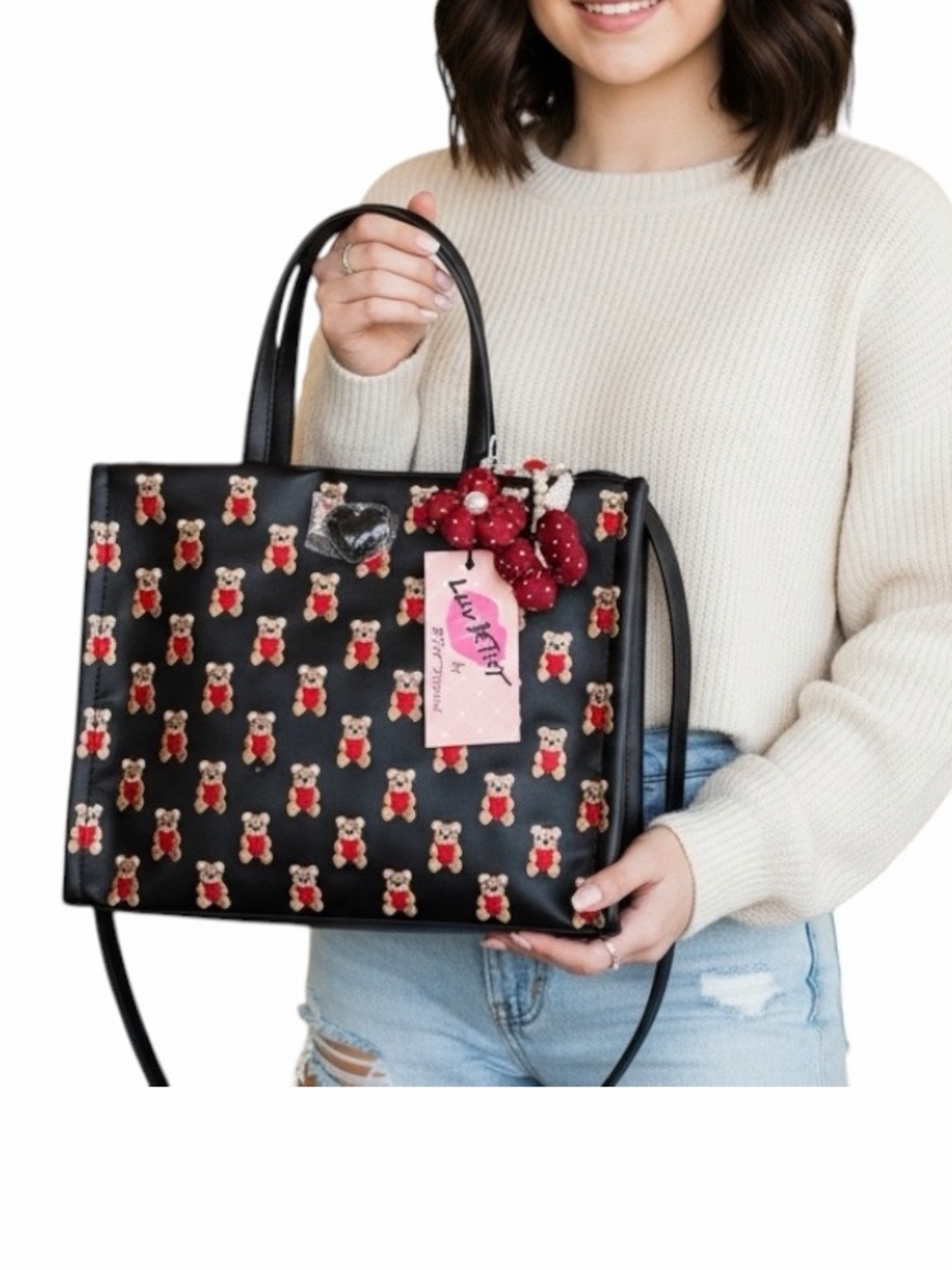 Betsey Johnson Black Tote with Red Teddy Bear Print and Pink Tag